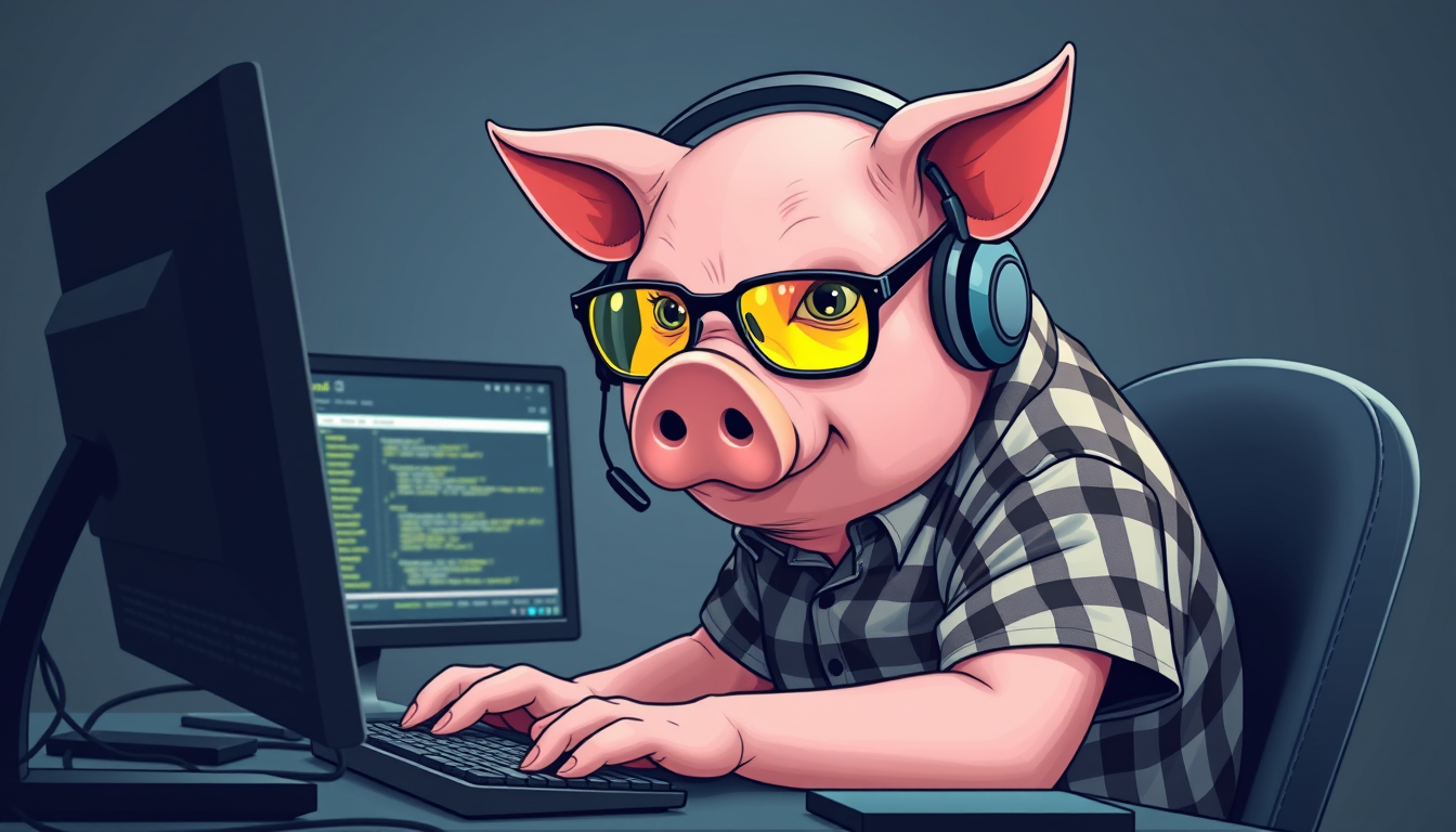 A tech-savvy pig coder, wearing yellow-tinted glasses and sleek noise-cancelling headphones, hunches over a cutting-edge multi-monitor setup. The anthropomorphic pig exudes focus, typing furiously while dressed in a plaid t-shirt. - Image