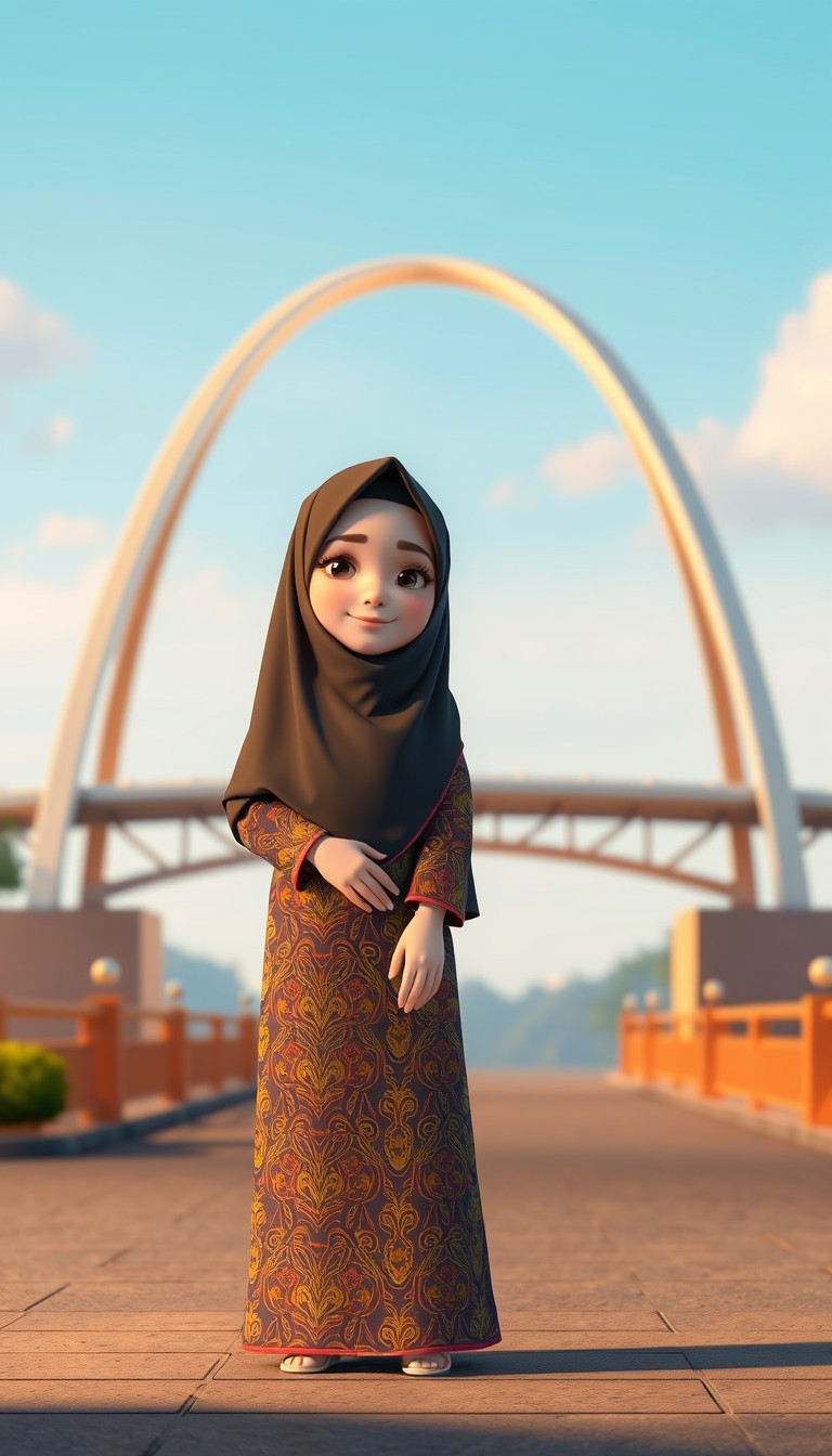 A 3D cartoon animation of a Muslim woman from Palembang, Indonesia, wearing a traditional long songket dress. She stands gracefully in front of the iconic Ampera Bridge, which arches beautifully in the background. The scene is rendered in stunning 8k resolution, capturing the vibrant colors and intricate details of the songket fabric. The woman's expression is serene and peaceful, with a gentle smile. The overall atmosphere is warm and welcoming, showcasing the cultural beauty and elegance of Palembang. - Image