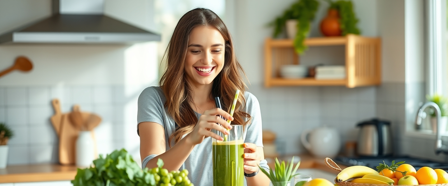 Happy young woman preparing a healthy smoothie in a bright kitchen reflecting the energy and freshness of a sunny morning.