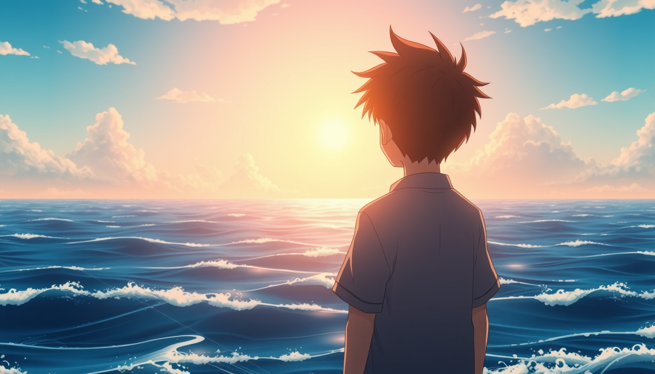 A boy standing behind an ocean horizon, anime style, Ghibli Aesthetic, lifelike appearance.