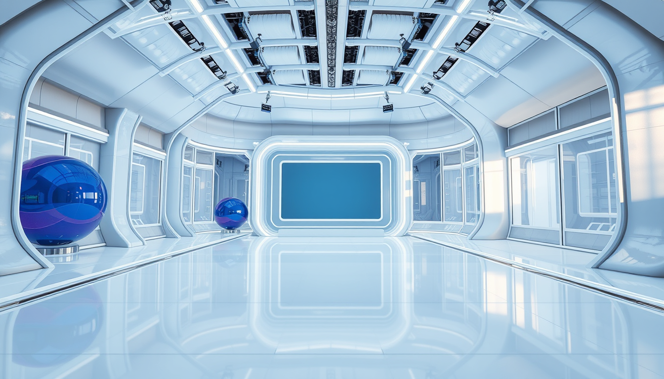 An eye-level, wide-angle shot of an empty fantasy, futuristic, and alien virtual TV studio that features horizontally and vertically curved structures covered in white metallic reflective material. There are no people in it, only a stage, a massive TV screen with white metallic frames, and many transparent glass partitions. In the background, there are a few spherical blue and purple objects with a reflective, metallic surface that resemble large, smooth capsules. These objects are positioned on a sleek, ultra-white shiny floor that reflects their surfaces. The focus is on the sleek horizontally and vertically curved architecture covered in white metallic reflective material, the stage, and the TV stand.