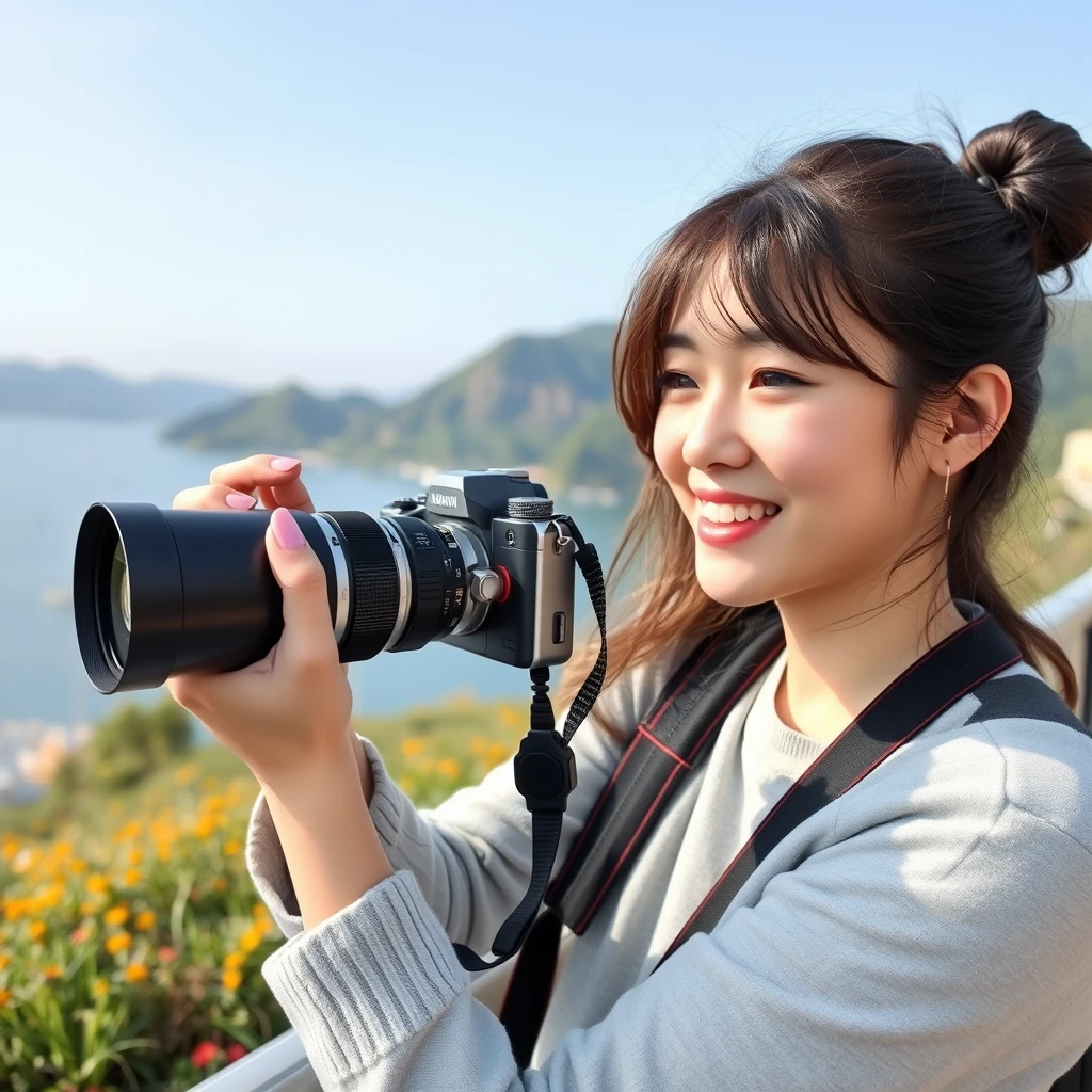 "Korean young woman with camera, recording journey moments, good mood, soul relaxation, Cheung Chau Island adventure, photorealistic style" - Image