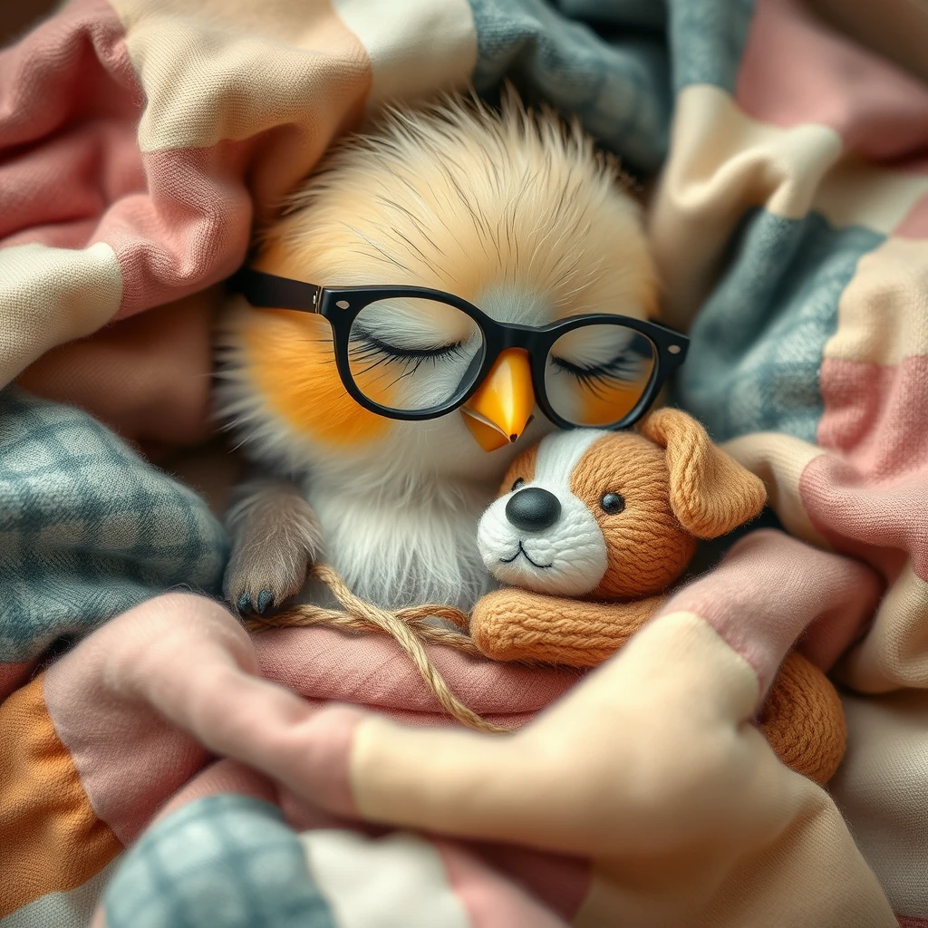 Sweet and tender little bird with glasses sleeping in its bed with patchwork blankets, hugged by a tiny stuffed puppy. - Image