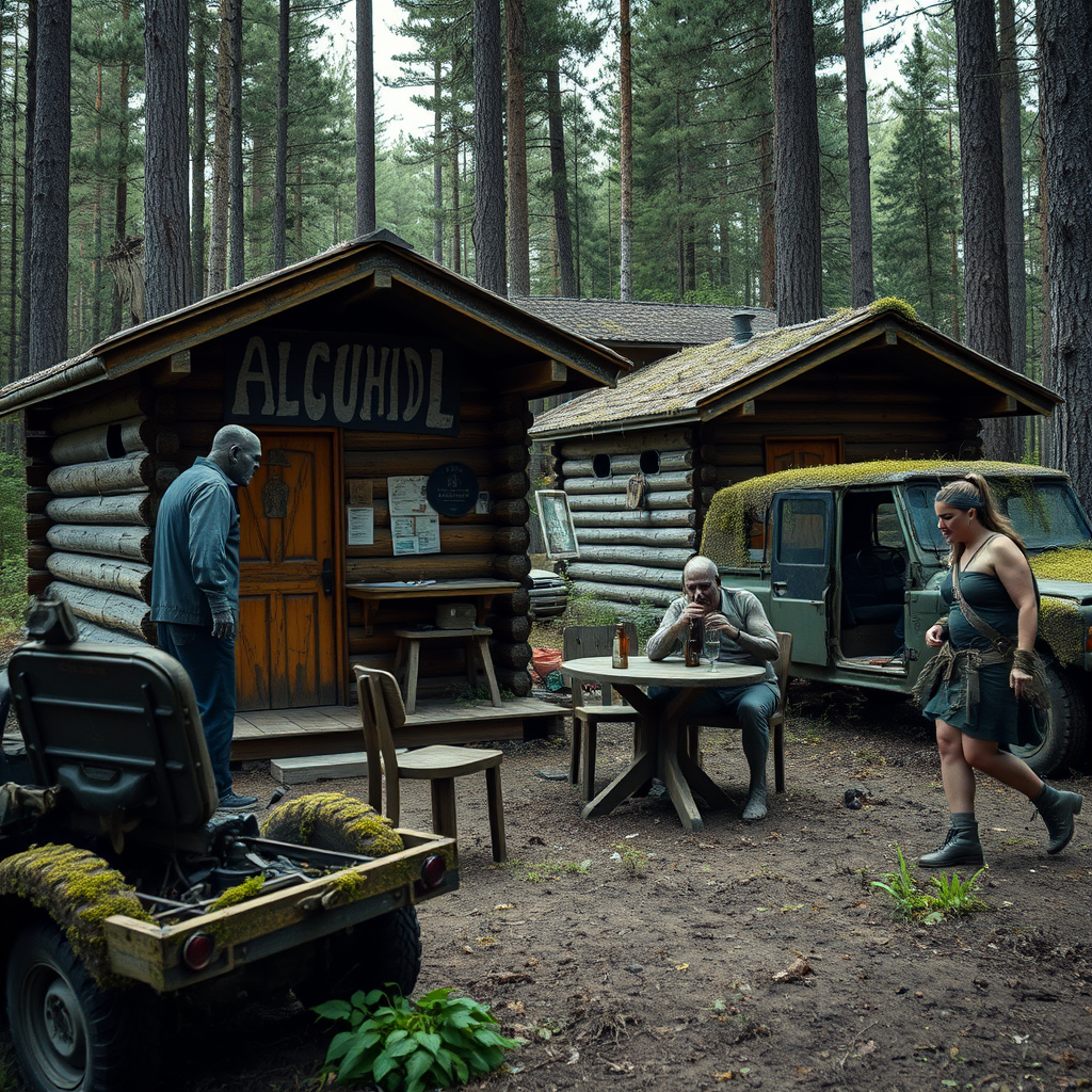 Real-life photography, wide shot: In the forest, there are two wooden cabins selling alcohol, and a dressed zombie comes to buy some. Next to the cabin, there are one table and two chairs, with a zombie wearing a hat sitting and drinking. There is also an abandoned off-road vehicle nearby, covered in moss and weeds. A female barbarian walks by. - Image