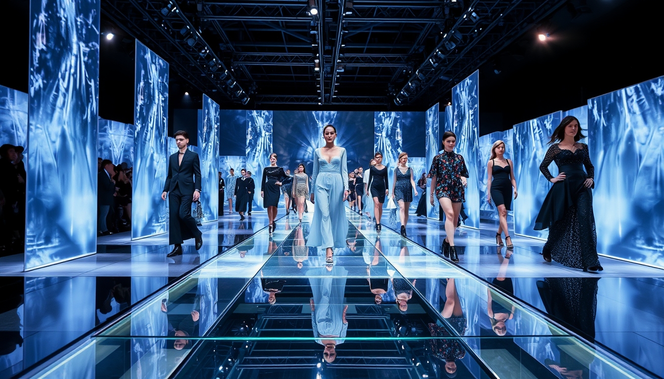 A high-end fashion show with models walking down a glass runway. - Image