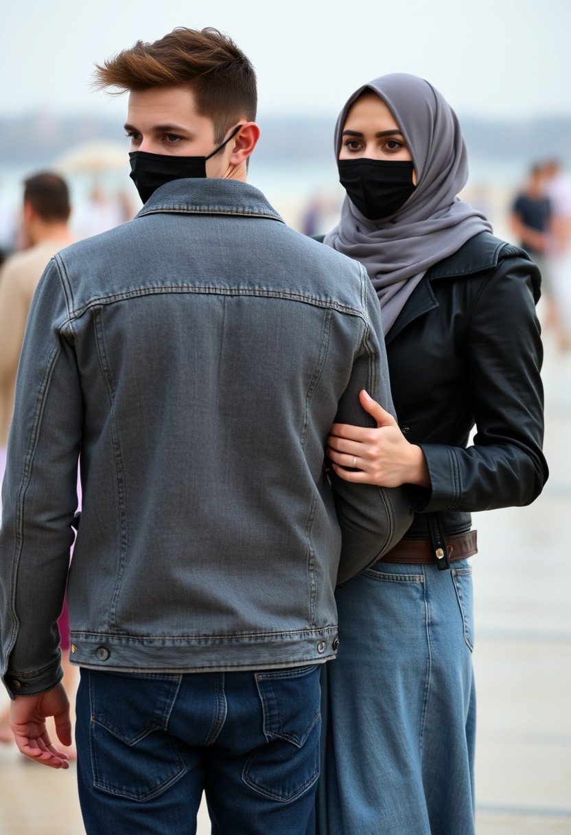 Jamie Dornan's head and body shot, handsome, black face mask, denim jacket, jeans, dating, love couple, hugging from behind, with the biggest grey hijab Muslim girl, black face mask, beautiful eyes, black leather jacket, largest skirt, at the beach, hyper-realistic, street photography.