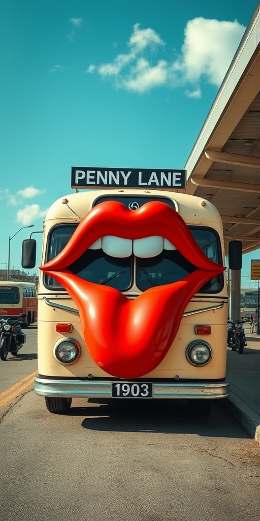 Surreal and whimsical image featuring a vintage bus parked at a bus station. The bus has a cream-colored exterior with a slightly weathered look, and the number '1903' is displayed on the front. The most striking feature is the large, exaggerated set of lips and teeth superimposed on the low front of the bus, resembling the Rolling Stones logo, with headlights as eyes, giving it a cartoonish and humorous appearance. The bus station has a covered area with a high roof, and there are other buses and motorcycles visible in the background. The bus destination sign reads 'PENNY LANE' in white text on a black background. The overall scene is bright and clear, with a blue sky and some clouds visible. - Image