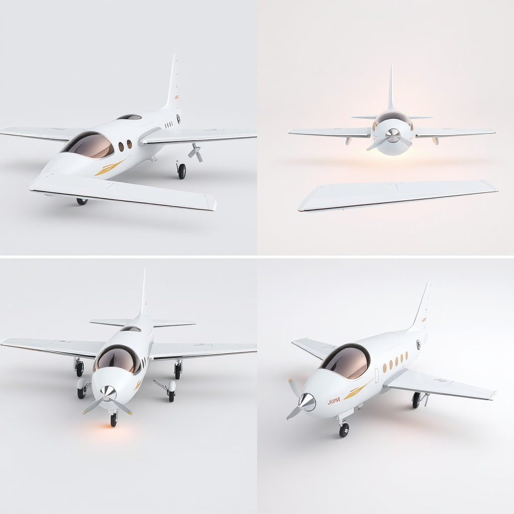 A creative aircraft rendering, 3D modeling, industrial product design, different angles, three views, four views, front, side, bottom, eye-catching exterior color, glowing aperture, 3D rendering, blender rendering, UE5 rendering, modeling, metallic shine, simple and smooth shapes, excellent clarity, best picture quality - Image