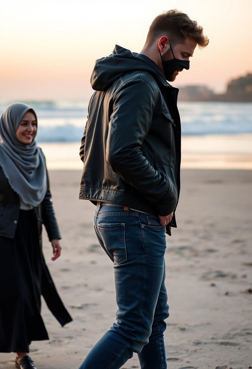 Jamie Dornan's head and body shot, handsome, face mask black, jeans jacket, jeans, dating, love couple, with the biggest grey hijab Muslim girl, face mask black, beautiful eyes, black leather jacket, biggest skirt, walking happy at the beach, sunset, hyper-realistic, street photography.