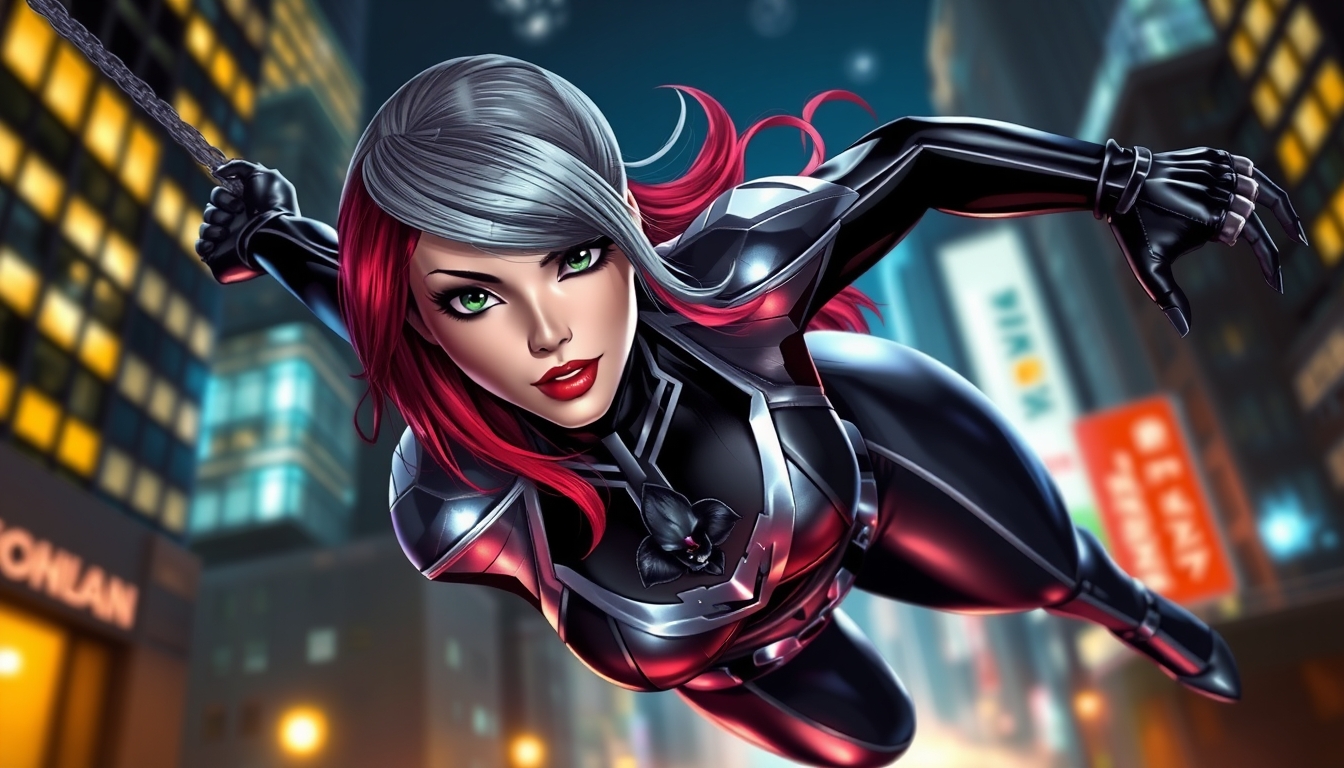 red head with grey streak in her hair, green eyes, a black and silver metallic spandex outfit with a black orchid embedded on her chest plate, swinging through the city at night in a dynamic fashion.