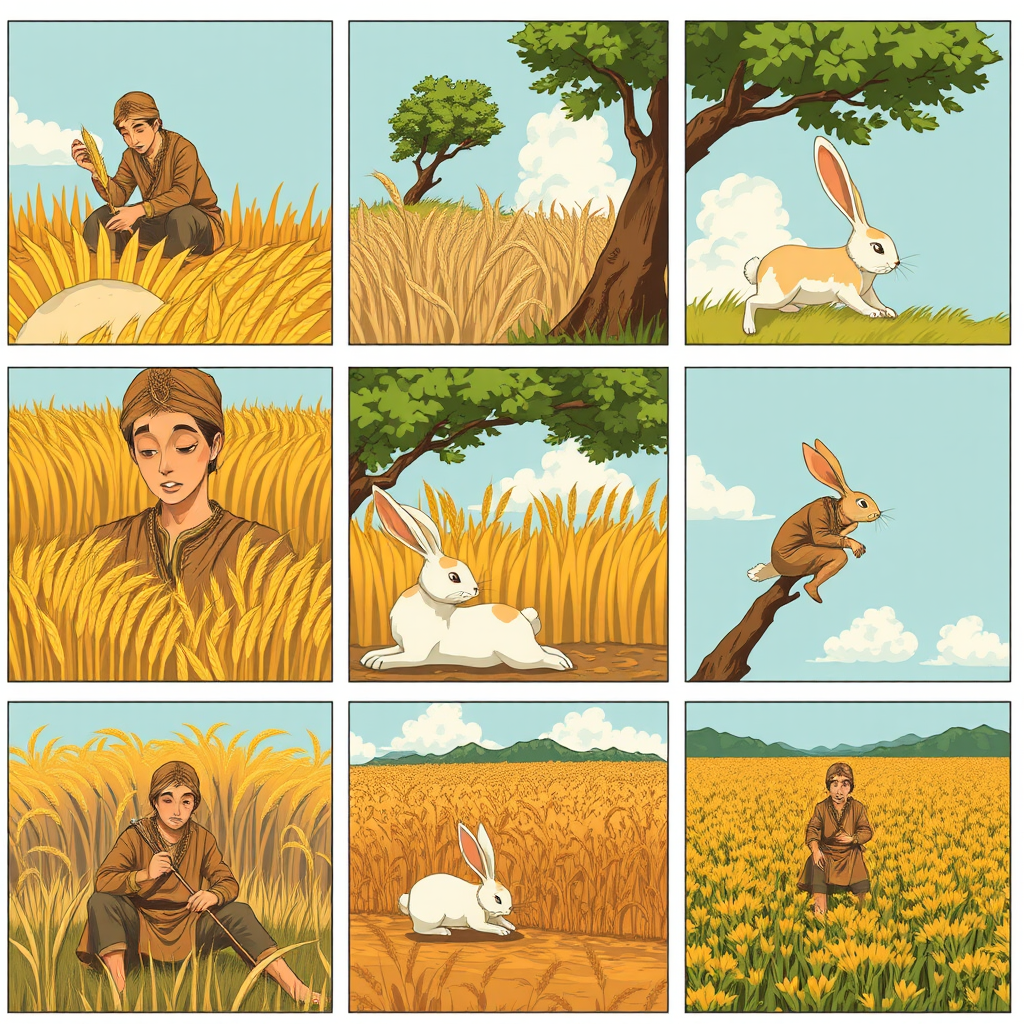 The image style is "cyberpunk," featuring an ancient farmer in nine cells. 
The characters in each scene will all use the same farmer, ensuring that the face shape and clothing remain consistent throughout.
Cell one: The farmer is harvesting wheat.
Cell two: The farmer is sitting under a tree, and a rabbit is rushing by.
Cell three: The rabbit is lying on its back with its face up.
Cell four: The farmer is running and the rabbit is in his hand.
Cell five: The farmer sighs while sitting under the tree.
Cell six: The farmer is eating.
Cell seven: The crops have withered.
Cell eight: The farmer is planting seeds in the field.
Cell nine: Everything is gone. - Image