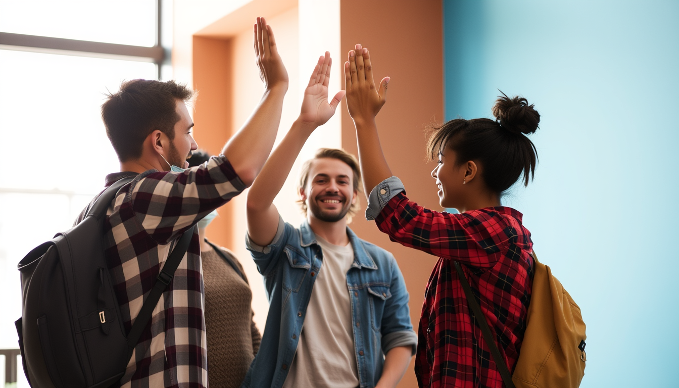 A group of friends high-fiving each other.