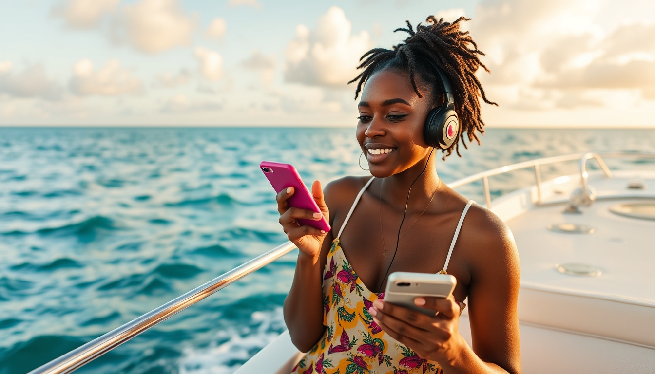 A young black woman is on a boat in the Bahamas listening to a podcast on her phone. - Image