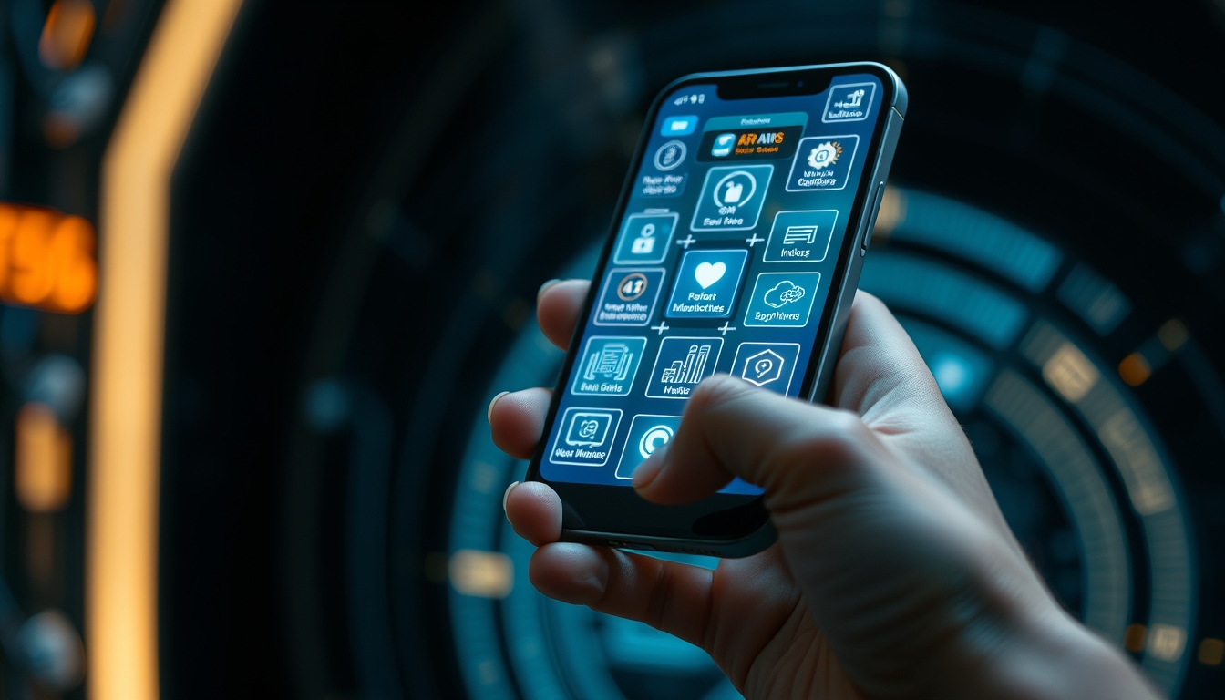 A close-up of a hand holding a futuristic smartphone, with holographic interfaces and glowing icons, set against a dark, tech-inspired background. - Image