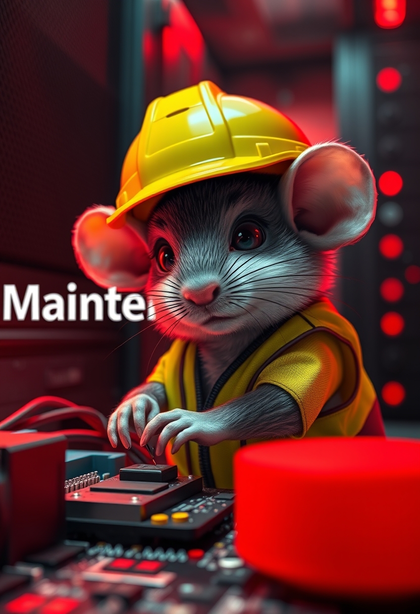 A small mouse with a hard hat and high visibility vest is repairing a circuit board. The mouse has a serious look in his eyes. The background shows a server room with only red emergency lighting, creating red ambient lighting. The text in the background says "Maintenance."