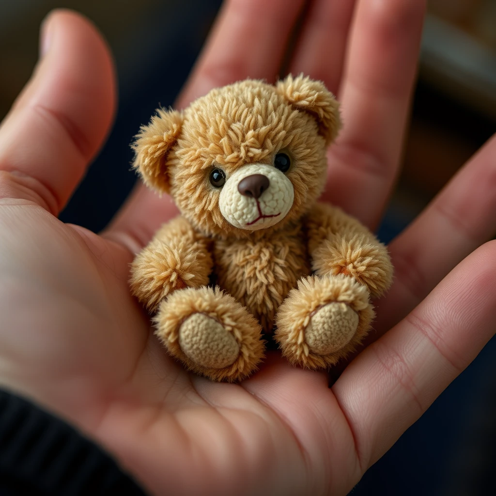 "A small Teddy, nestled in a big hand, high quality." - Image