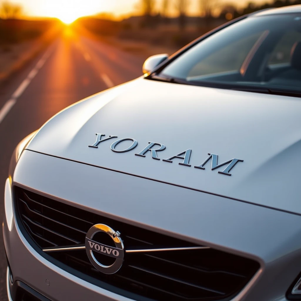 white 2016 Volvo S60 parked on a peaceful, open road at sunset. The name 'YORAM' is subtly embossed on the hood in elegant, classic script. The warm, golden light of the setting sun reflects gently off the polished letters, creating a serene and timeless atmosphere.