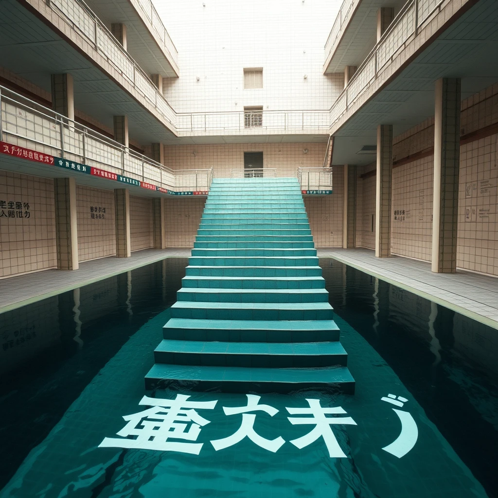 There is a strange swimming pool with steps extending from the sixth floor down to the pool and to the bottom of the water. There are Chinese letters or Japanese letters. - Image