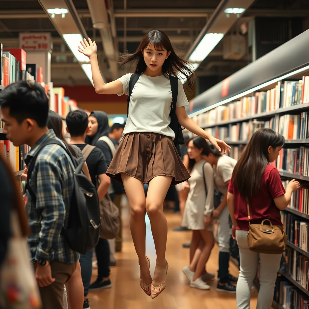 In the bookstore, there are many people, and among them, a Japanese female student wearing a short skirt flew up; her skin is very fair, and you can see her shoes.