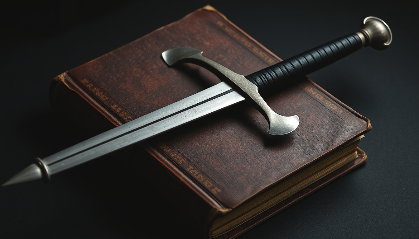 A weathered, leather-bound antique book lies on a dark surface. Resting diagonally across the book is a medieval-style sword, with a polished steel crossguard and a circular pommel, reflecting a faint light. Resting on top of the sword is a trowel. The sword's black grip contrasts with the aged texture of the book. The background is dark, emphasizing the timeless and mysterious aura of the scene. - Image