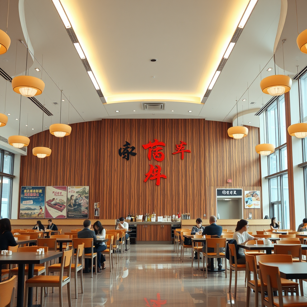 interior, company cafeteria, modern, wood panel, movie scene, colorful, china