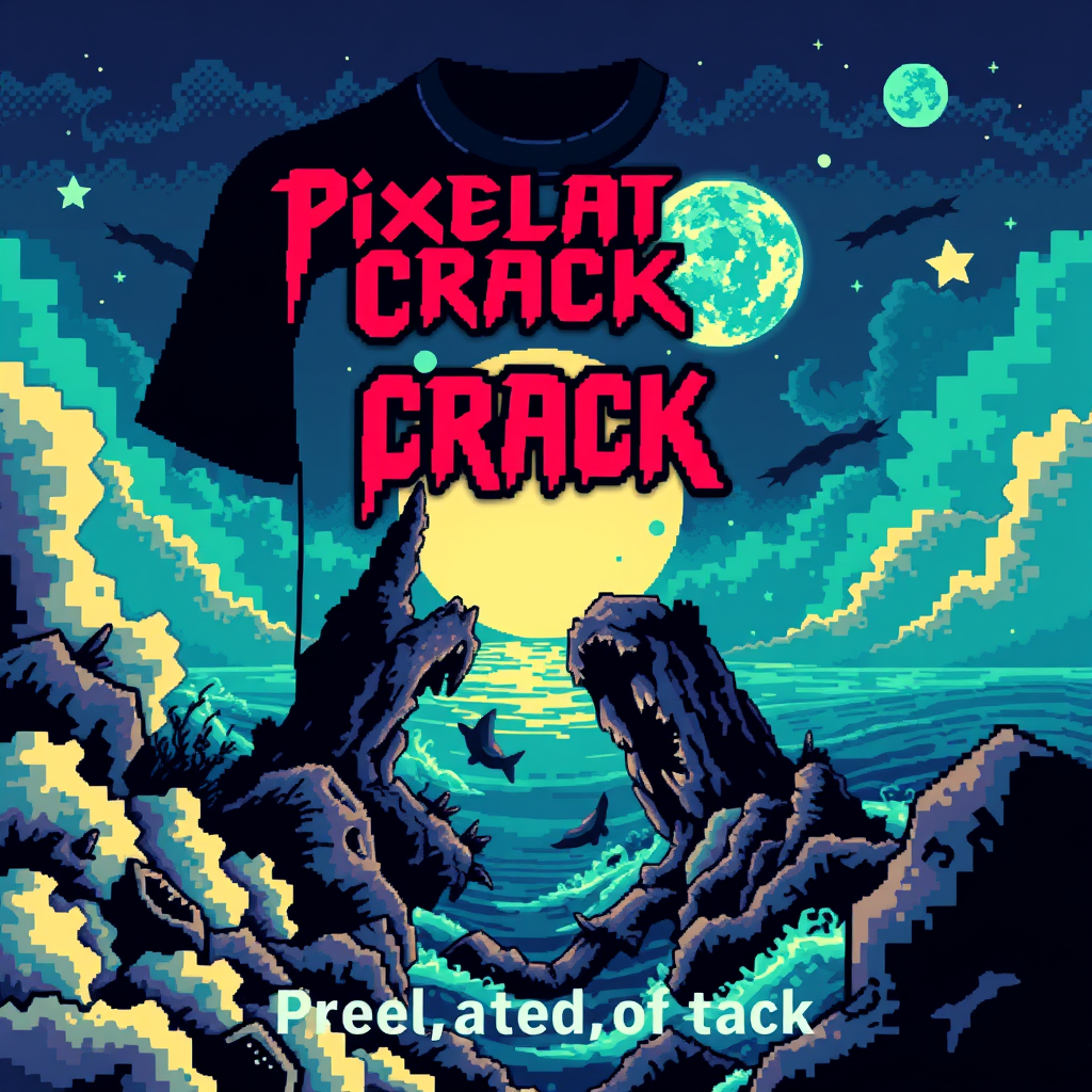 T-shirt design with a blocky colorful 8-bit style of death metal blended with chiptune. The visual should be unique and striking but macabre blended with beauty, and the band name is "Pixelated Crack" with a scene inspired by the deep sea.