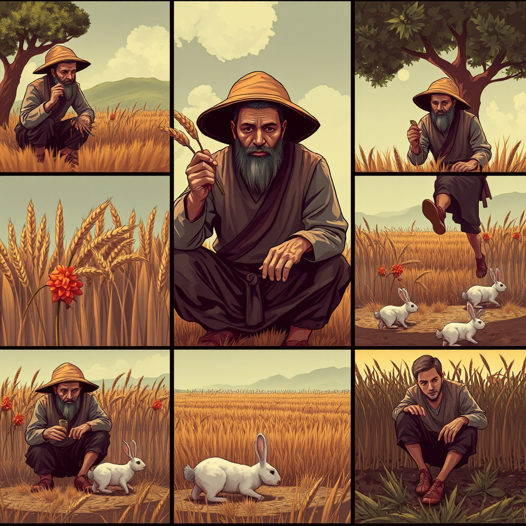 The image style is "cyberpunk," featuring an ancient farmer in a nine cell. 
The characters in each scene will all use the same farmer, ensuring that the face shape and clothing remain consistent throughout.
Cell one is The farmer is harvesting wheat.
Cell two is The farmer is sitting under a tree, and a rabbit is rushing. 
Cell three is The rabbit is dead and lying on the ground.
Cell four is The farmer is running and the rabbit is in his hand.
Cell five is The farmer sighs while sitting under the tree. 
Cell six is The farmer is eating.
Cell seven is The crops have withered. 
Cell eight is The farmer is planting seeds in the field.
Cell nine is Everything is gone.