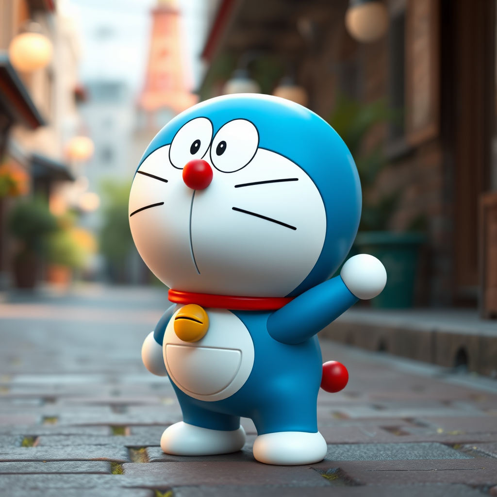 standing Doraemon, Pixar style, cute and expressive, 3d, Hyper-realistic camera style, lifelike details, high-resolution texture, vivid colors, sharp focus, natural lighting, photorealistic quality, cinematic depth of field, true-to-life portrayal - Image