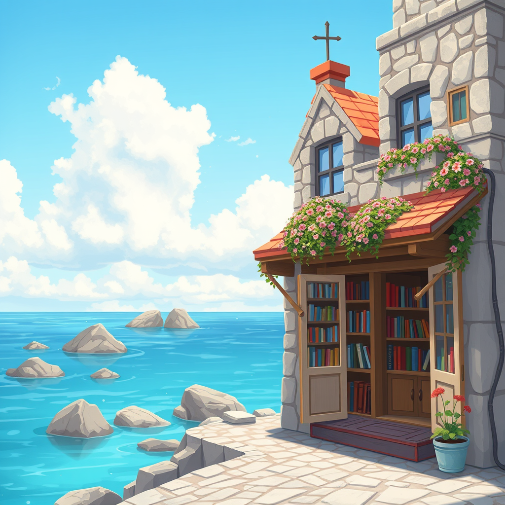 A book store beside the sea, with stone streets, flowers on the roof, books on the shelf, doors open, cartoon style, blue sky, white clouds, you can see stones in the sea far away. Camera shot on Sony A7. Cartoon semi-real style. - Image