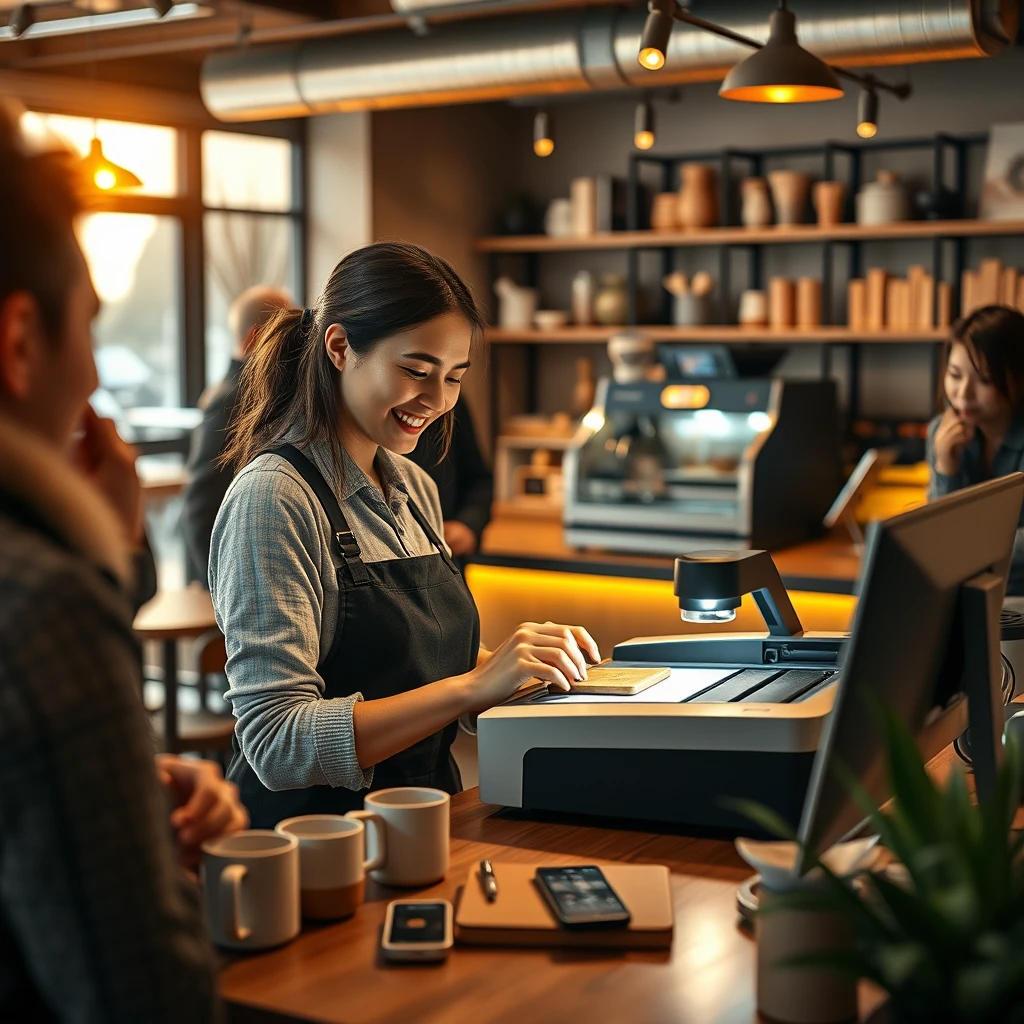 Create a photorealistic, high-resolution (8K) image of a cozy, modern cafe interior with a laser engraving station. The scene should depict:
Main Focus:

A smiling female cafe owner operating a sophisticated laser engraving machine
She is engraving a personal item (like a leather notebook or wooden phone case) for a customer
Several patrons watching the engraving process with interest and delight

Setting Details:

Warm, inviting cafe atmosphere with soft, golden-hour lighting
Modern decor blending tech and comfort: wood, metal, and glass elements
Visible cafe counter with coffee machines and pastry display in the background

Technical Aspects:

Sharp focus on the owner and laser engraver, with slight bokeh effect in background
High dynamic range to capture details in shadows and highlights
Composition using the rule of thirds, with leading lines drawing attention to the engraving process

Lighting and Mood:

Warm, soft lighting reminiscent of golden hour
Subtle lens flare or light streaks for artistic touch
Cozy, welcoming ambiance with a high-tech twist

Additional Elements:

Displayed samples of personalized, laser-engraved products (mugs, signs, gadgets)
A workstation with computer running design software
Mix of people: some watching the engraving, others enjoying coffee or working on laptops

Style Notes:

Photorealistic style as if shot with a professional DSLR camera
Rich, deep tones with a warm color palette
Balanced mix of modern technology and comfortable living space

Avoid:

Unrealistic or exaggerated laser effects
Overly perfect or artificial-looking elements
Cluttered or distracting background

The image should capture the seamless integration of laser technology into a welcoming cafe environment, maintaining a high level of realism and warmth.