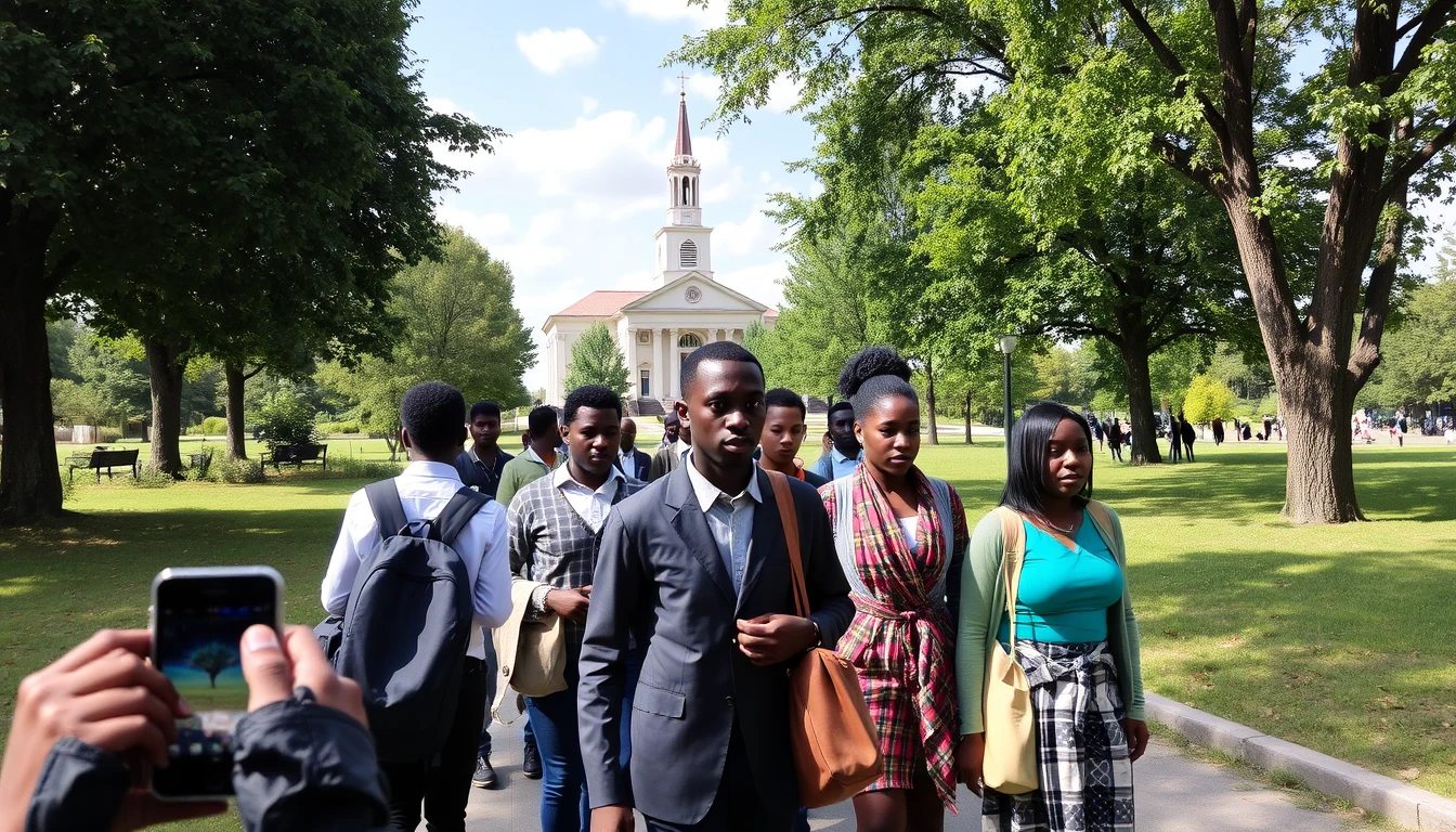 iPhone photo of a group of Rwandan youth going to church, a park in Germany.