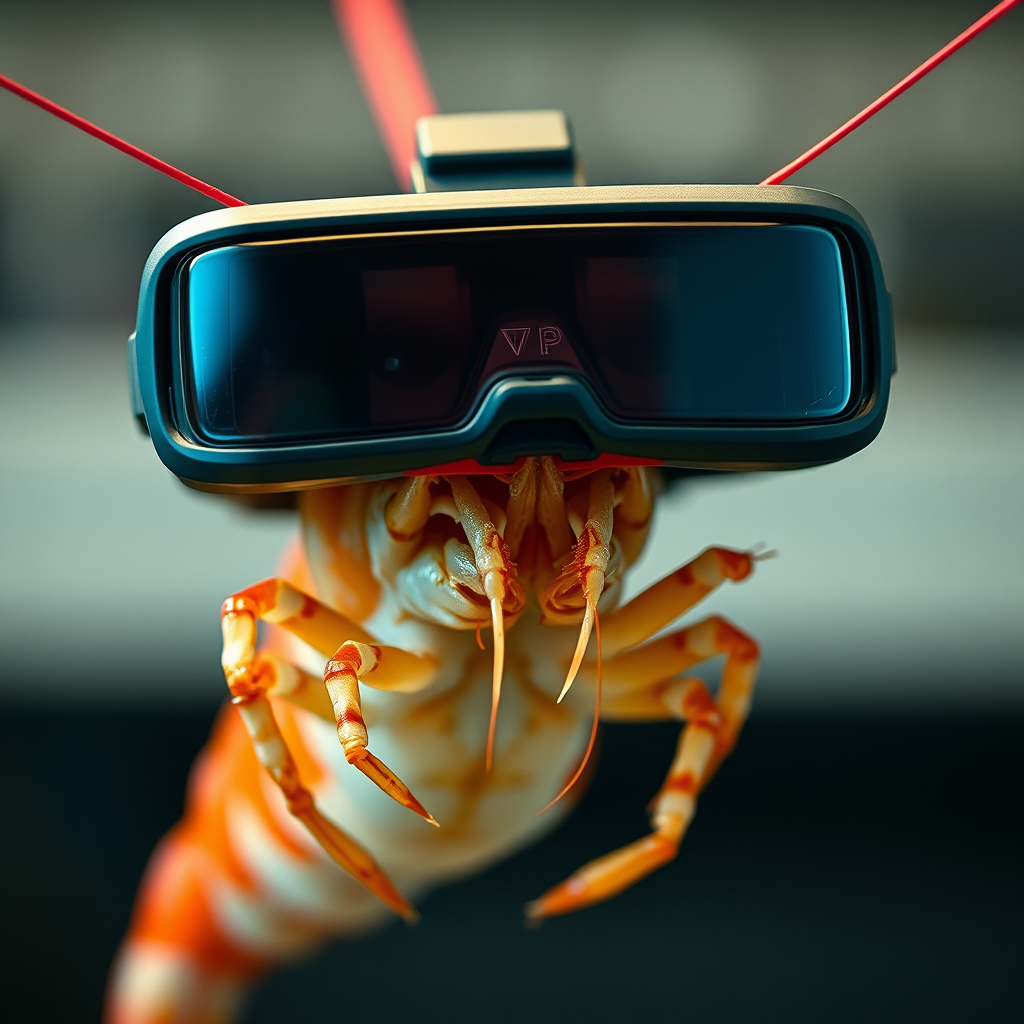 a shrimp wearing VR goggles, 1990s product photography, closeup HD photo