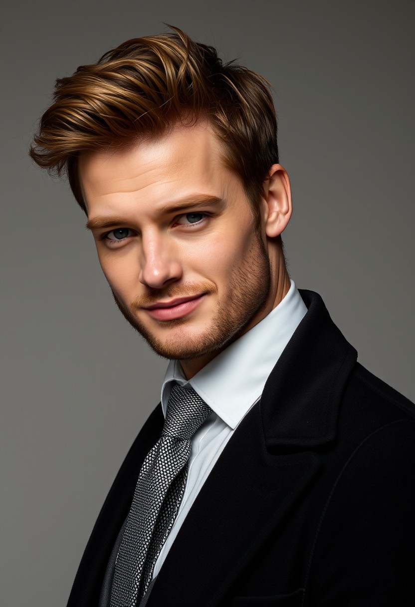 Jamie Dornan's face, hair, and body shot, handsome, young, shame smile, white shirt half buttoned, grey patterned tie, black coat suit, leather shoes, leather bag, hyper-realistic, studio photography, full body photography.