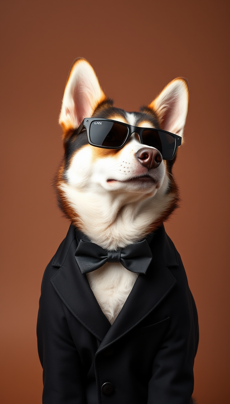 Pet photography, 1 only husky, in a black suit, wearing funny sunglasses, tilting your head to look forward, brown background.