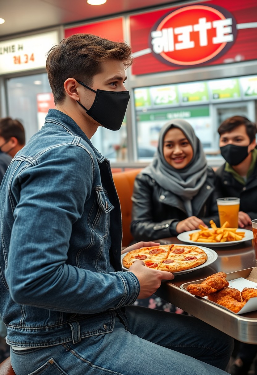 Jamie Dornan's head and body shot, handsome, young, black face mask, blue jeans jacket, jeans, dating a Muslim girl in a grey hijab, beautiful eyes, black face mask, black leather jacket, biggest floral skirt, at a fast food restaurant, plate of cheese pizza slices, plate of Korean fried chicken and fries, glass of soft drink, eating with three other random smiling friends in the back, photorealistic, hyper-realistic, street photography. - Image