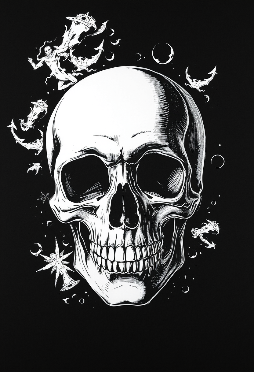 Skull, silk-screen dualtone, art by opyeOrtiz, center png art