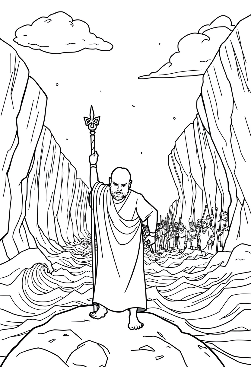 Depict Moses standing with his staff raised, as the Red Sea parts, with walls of water on either side and the Israelites crossing. A coloring book page, cartoon style, thick lines, low details, no shading. - Image