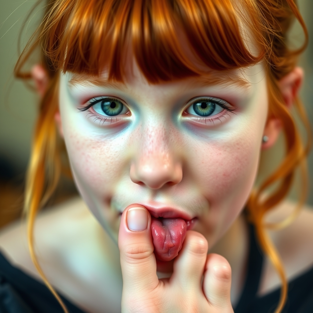 A cute white teenage girl with ginger hair and green eyes licking her own foot.