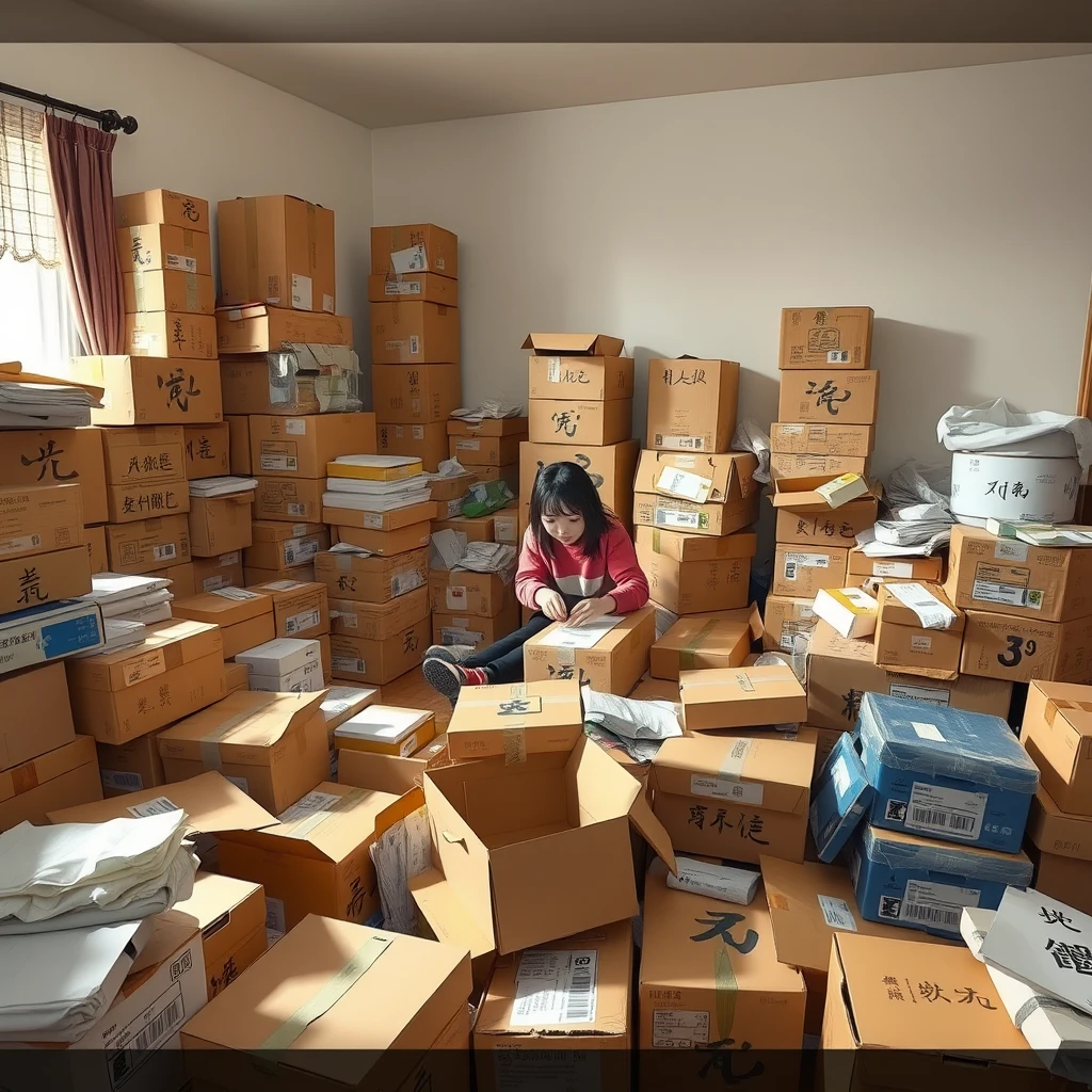 In the room, there is a girl unpacking parcels. There are many parcel boxes, very messy and disorganized. Additionally, there should be Chinese characters or Japanese. It should be a real person. - Image