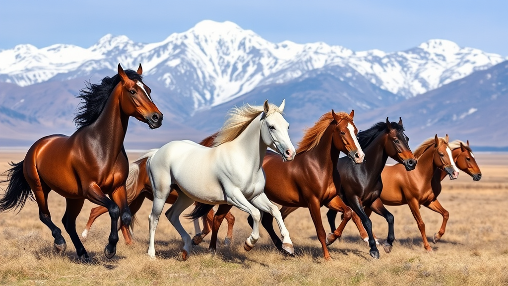 A group of horses running in front of snow-capped mountains in Kazakhstan, by David G. Sorensen, a photo, fine art, majestic horses, galloping, equine photography, in the steppe, horses, 8k award-winning photograph. - Image