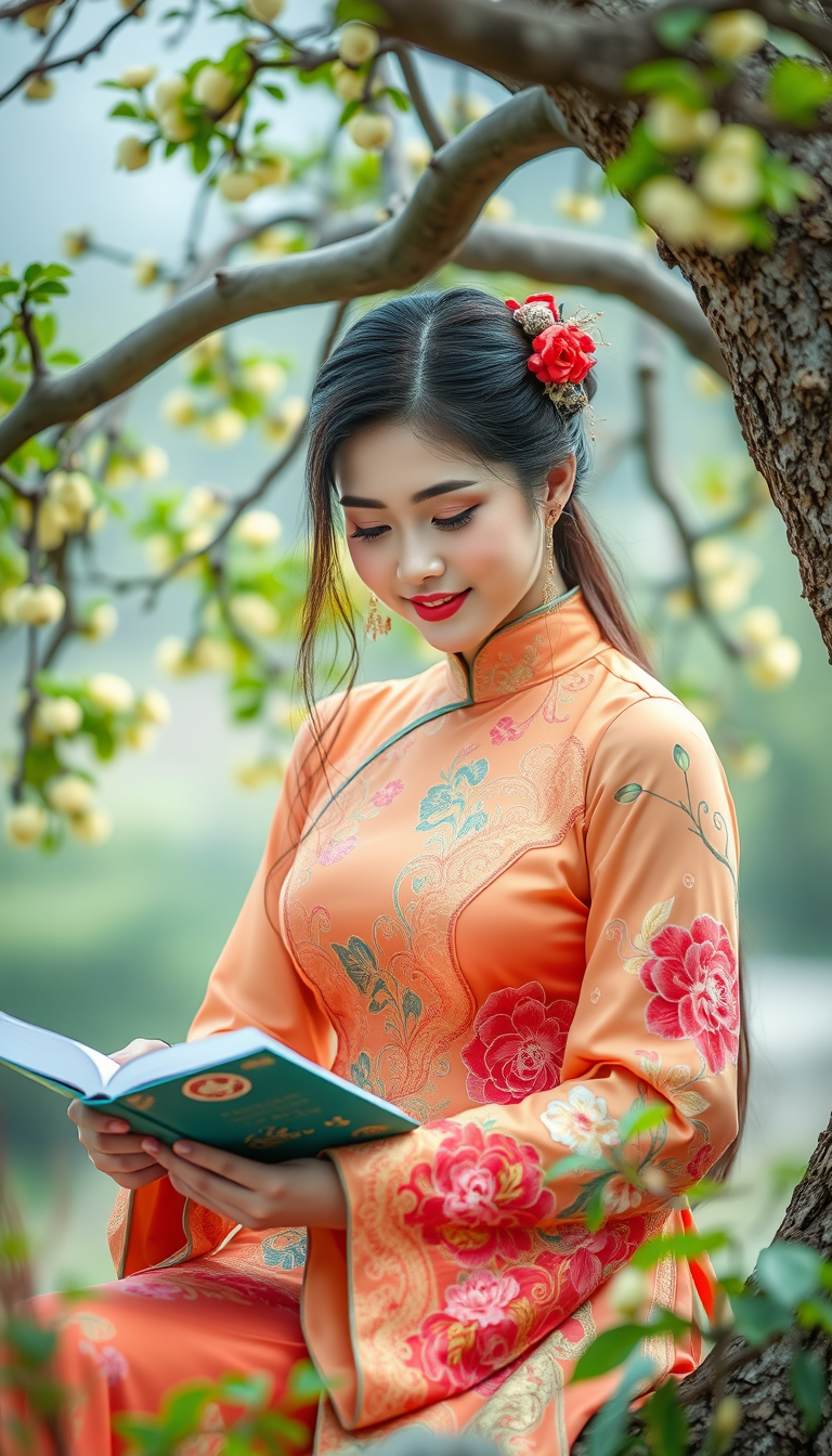 A Chinese beauty is reading a book under a tree.