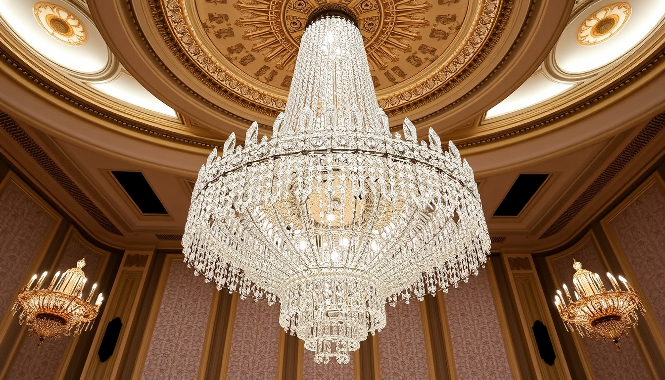 A stunning chandelier made of thousands of tiny glass crystals in a grand ballroom.