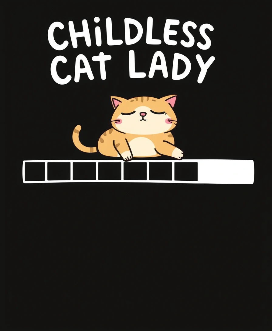 A quirky and fun cartoon illustration featuring a cat resting comfortably on a five-segment loading bar. The cat, with his eyes closed and his arms outstretched, appears to be enjoying a moment of relaxation. The first segment of the loading bar is colored white, signifying the beginning of the energy loading process. Above the cat and the bar, white text on a black background reads, “Childless Cat Lady.” The interesting combination of the cat’s slow demeanor and the familiar concept of a loading bar creates a charming and playful image that is both engaging and soothing. Typography, illustration.