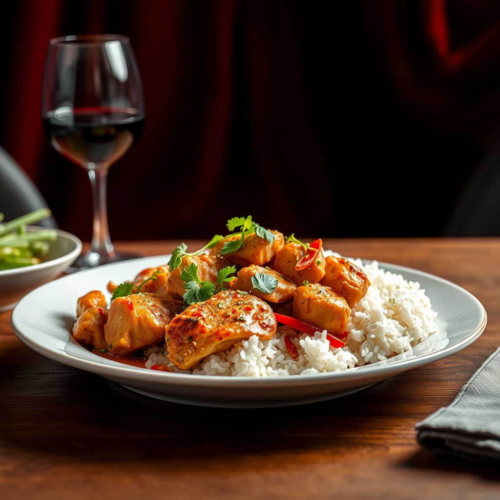 A highly detailed and sharp image of a plate of lemongrass chili chicken rice. The dish is beautifully plated with pieces of chicken garnished with fresh herbs and spices, served alongside a portion of rice. The plate is placed on a wooden table. Next to the plate, there is a glass of red wine. The background features dark areas with rich red drapes, creating a contrast that highlights the vibrant colors and textures of the dish. The overall atmosphere is elegant and inviting, capturing the intricate details of the meal and the dining setting. - Image