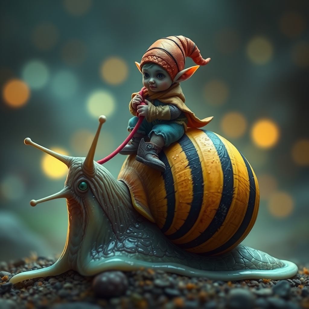 A tiny goblin jockey riding on the back of a giant snail, neon reins, the snail's shell is striped black and yellow, slime trail, neon bokeh, in the style of a fantasy painting.