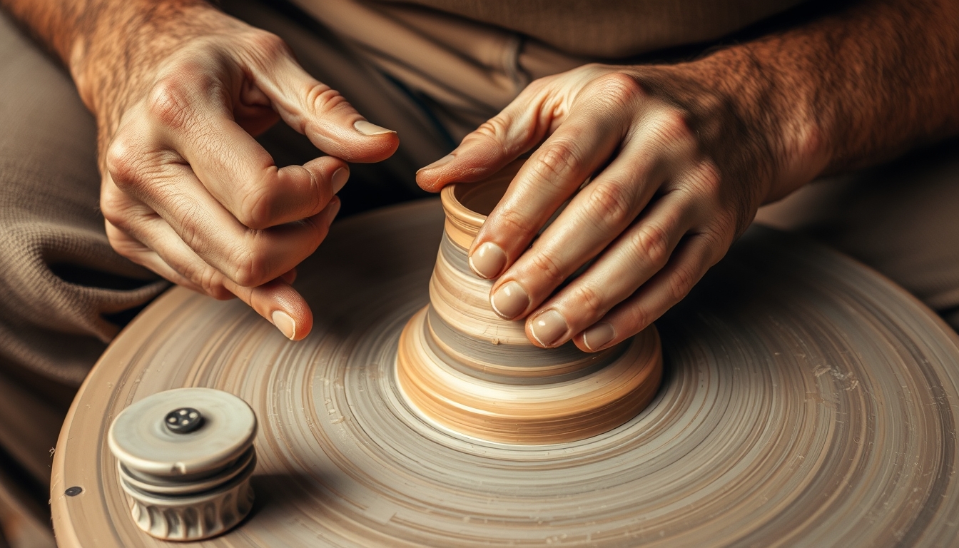 A close-up of a craftsman's hands meticulously shaping a piece of pottery on a spinning wheel, with earthy tones and rich textures.