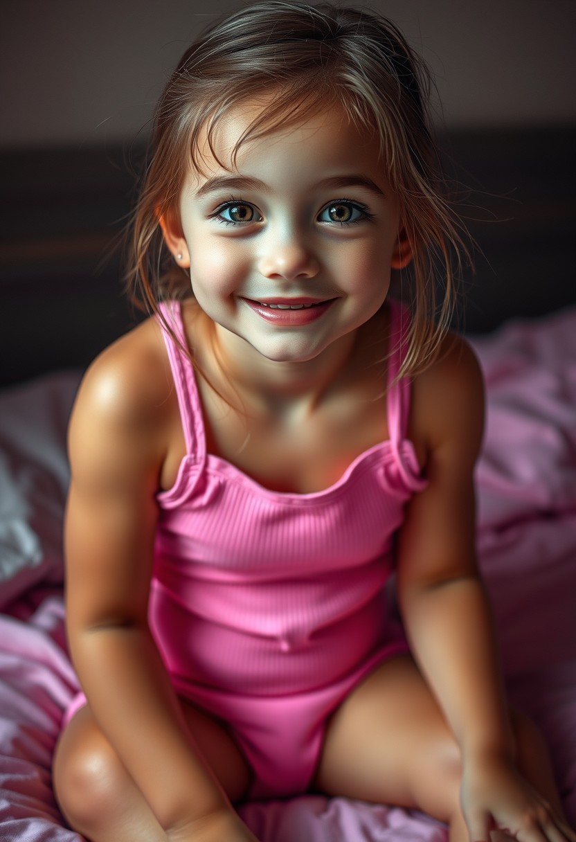 Pink tank top, hot pants, bed, (8k, RAW photo, photorealistic: 1.25), 16 years old, cute face, (infant face), cute lips, small, smile, a lot of lip gloss, a lot of eyelashes, watery eyes, top quality, ultra high resolution, depth of field, chromatic aberration, caustic, dramatic lighting, natural colors,