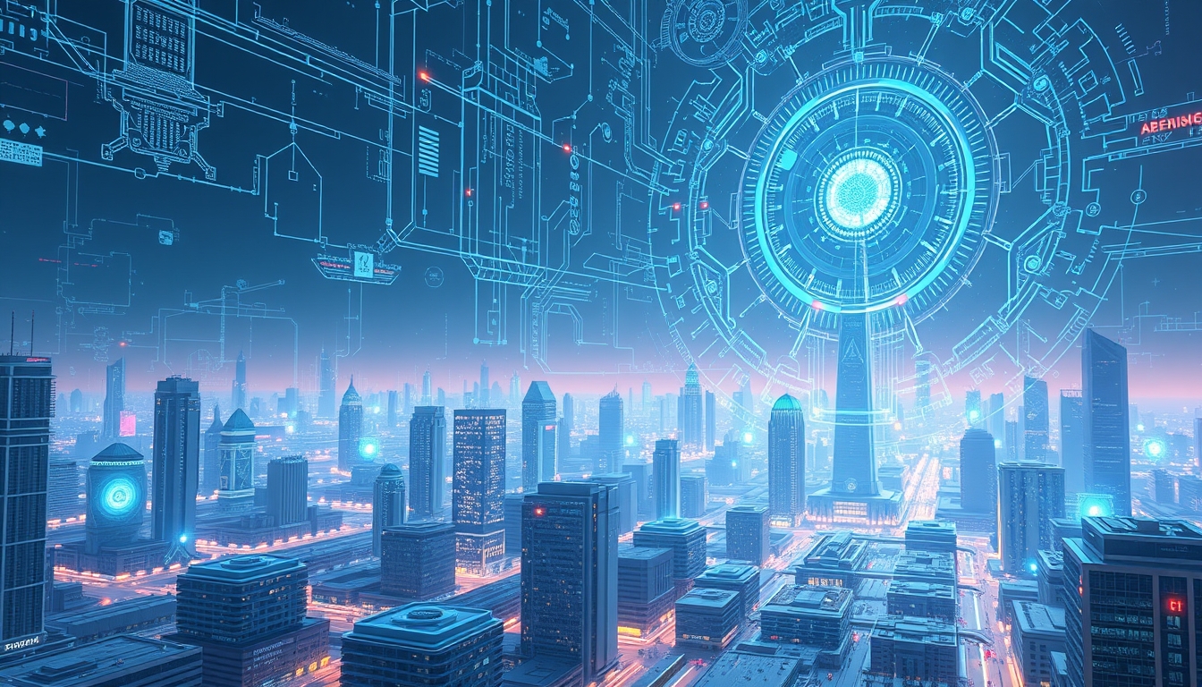 AI-driven world, autonomous systems, futuristic urban landscape, holographic displays.