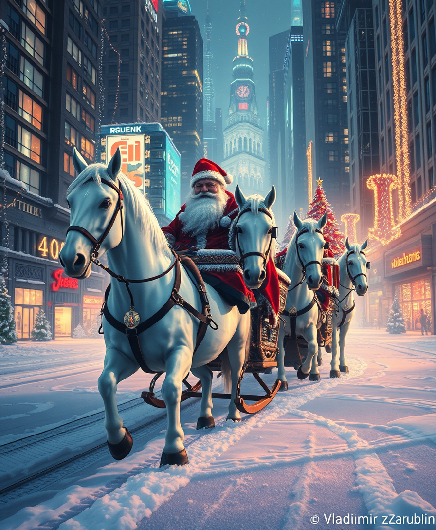 Russian Snow Grandfather rides a festive sleigh, pulled by three white horses through a futuristic cyberpunk city decorated with Christmas lights, art by Vladimir Zarubin.