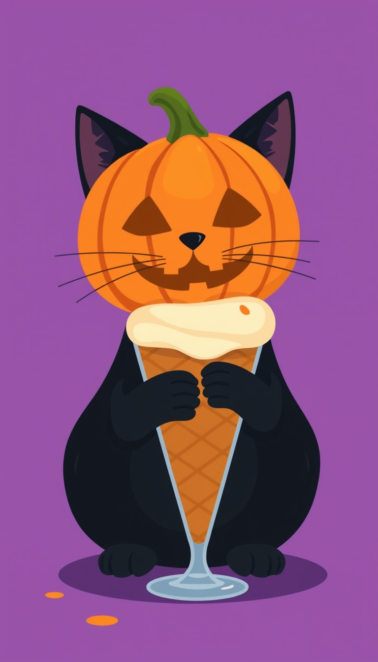 Black cat and pumpkin ice cream, Halloween vibe, flat design illustration. - Image